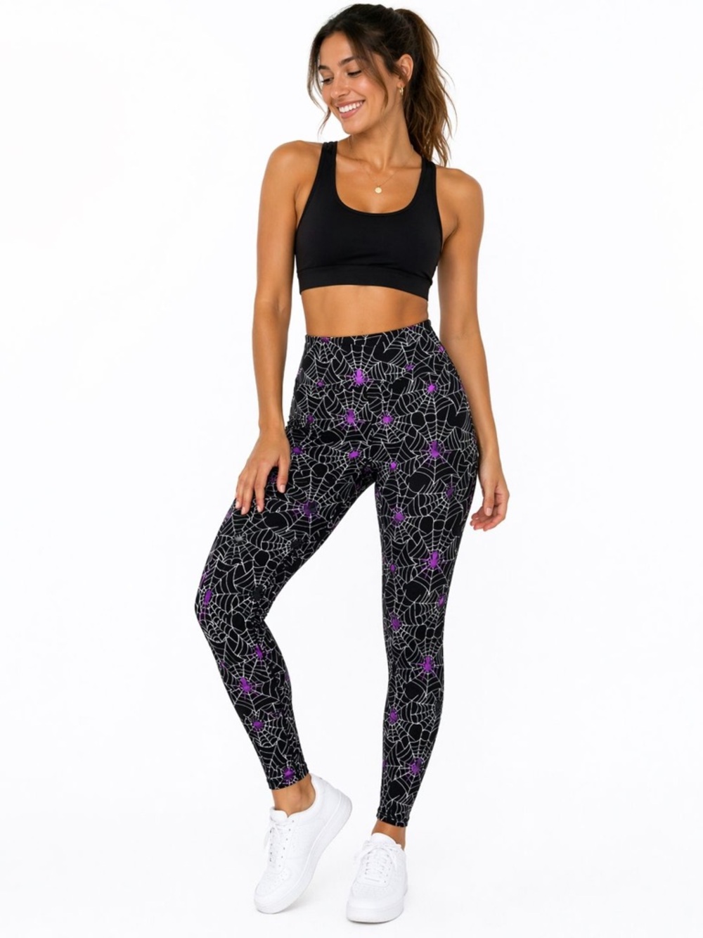 High-Rise Spiderweb Print Leggings in Black & Purple